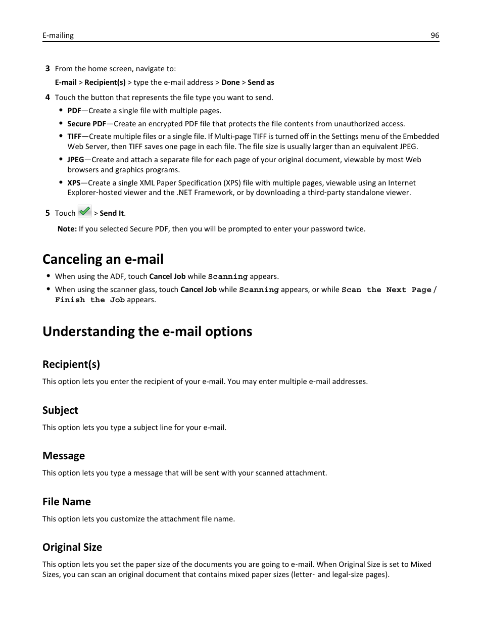 Canceling an e-mail, Understanding the e-mail options, Recipient(s) | Subject, Message, File name, Original size | Dell B3465dn Mono Laser Multifunction Printer User Manual | Page 96 / 315