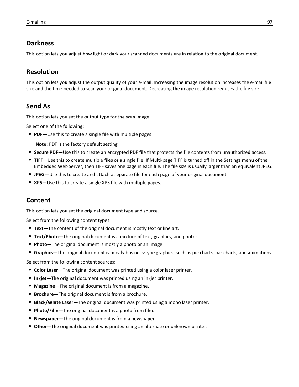 Darkness, Resolution, Send as | Content | Dell B3465dn Mono Laser Multifunction Printer User Manual | Page 97 / 315