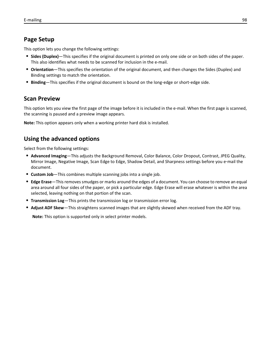 Scan preview, Using the advanced options, Page setup | Dell B3465dn Mono Laser Multifunction Printer User Manual | Page 98 / 315