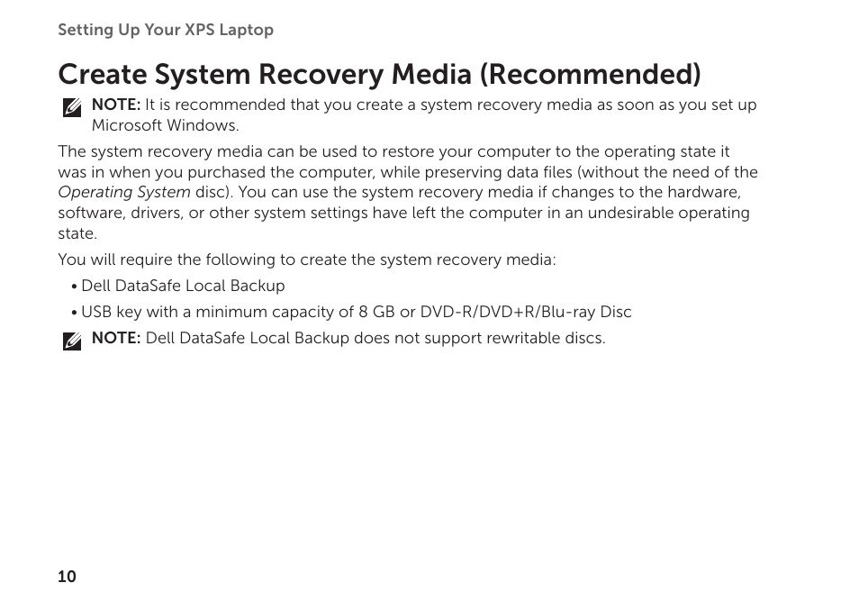 Create system recovery media (recommended) | Dell XPS 15Z (L511Z, Mid 2011) User Manual | Page 12 / 94