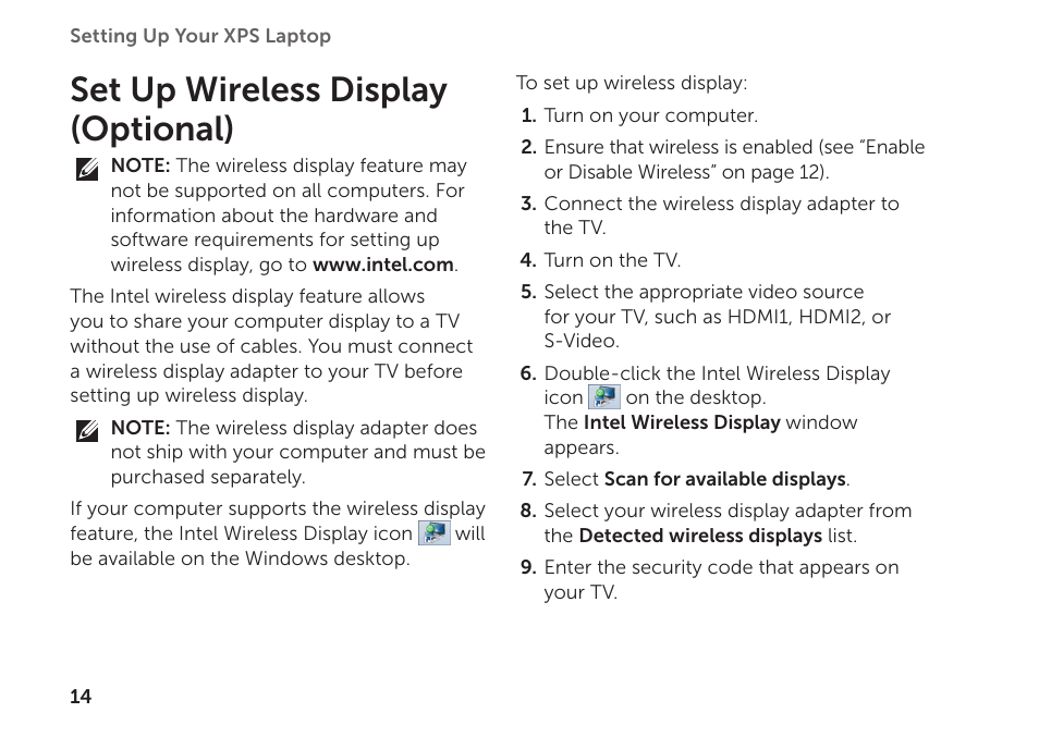 Set up wireless display (optional) | Dell XPS 15Z (L511Z, Mid 2011) User Manual | Page 16 / 94