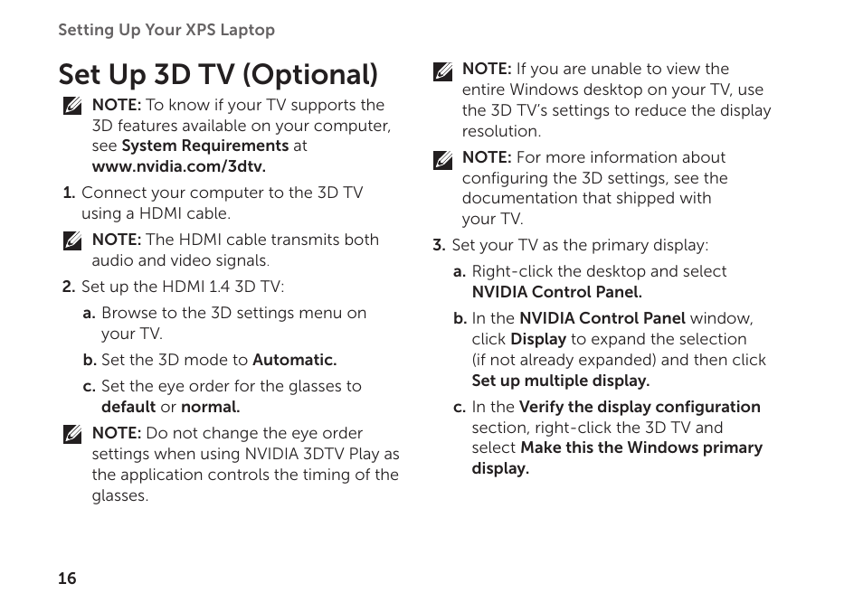 Set up 3d tv (optional) | Dell XPS 15Z (L511Z, Mid 2011) User Manual | Page 18 / 94