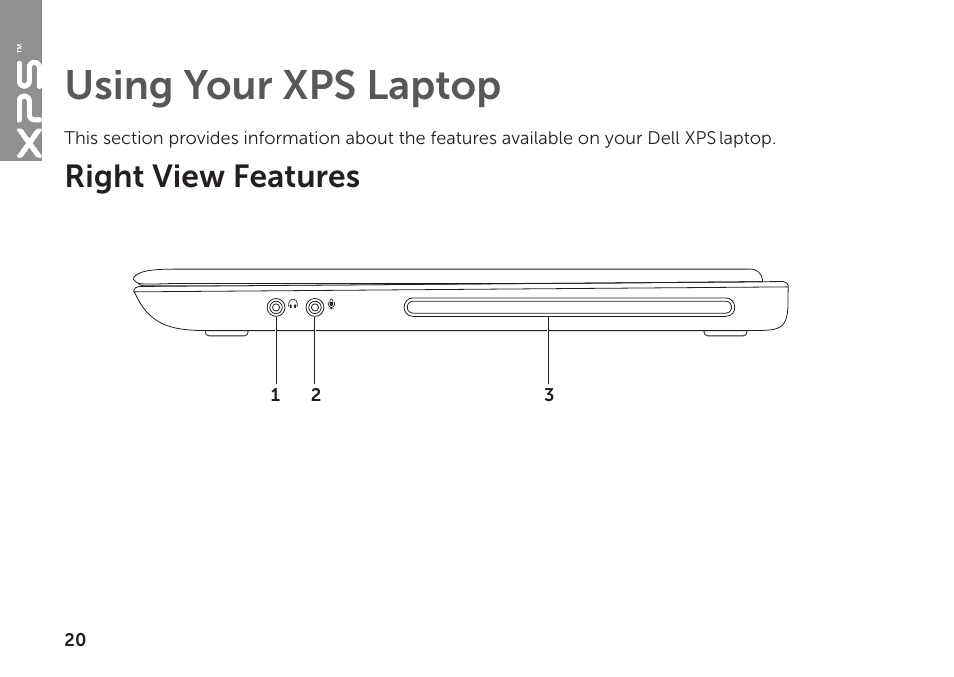 Using your xps laptop, Right view features | Dell XPS 15Z (L511Z, Mid 2011) User Manual | Page 22 / 94