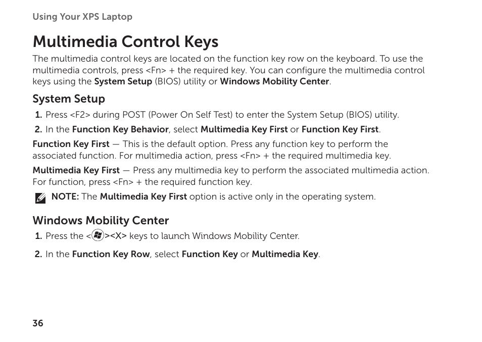 Multimedia control keys | Dell XPS 15Z (L511Z, Mid 2011) User Manual | Page 38 / 94