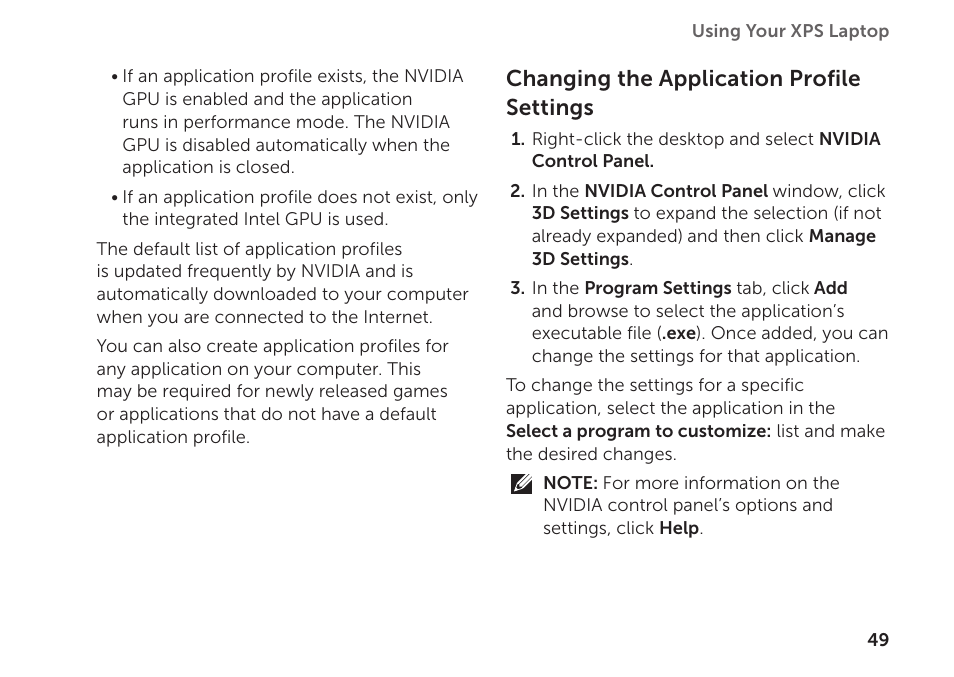 Changing the application profile settings | Dell XPS 15Z (L511Z, Mid 2011) User Manual | Page 51 / 94