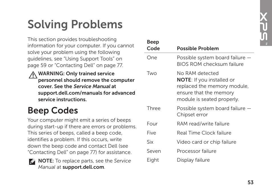 Solving problems, Beep codes | Dell XPS 15Z (L511Z, Mid 2011) User Manual | Page 55 / 94