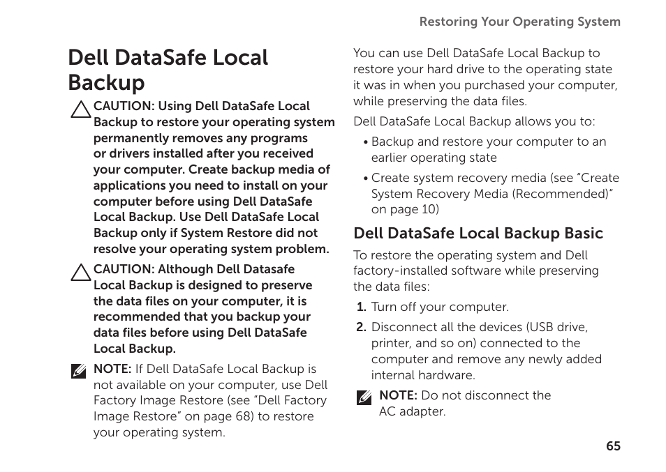 Dell datasafe local backup | Dell XPS 15Z (L511Z, Mid 2011) User Manual | Page 67 / 94