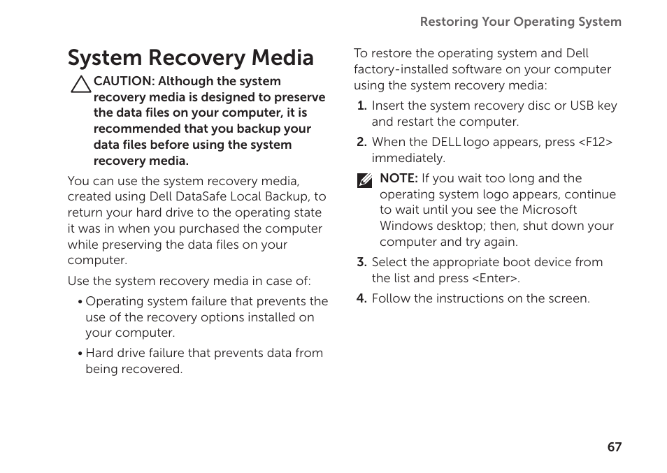 System recovery media | Dell XPS 15Z (L511Z, Mid 2011) User Manual | Page 69 / 94