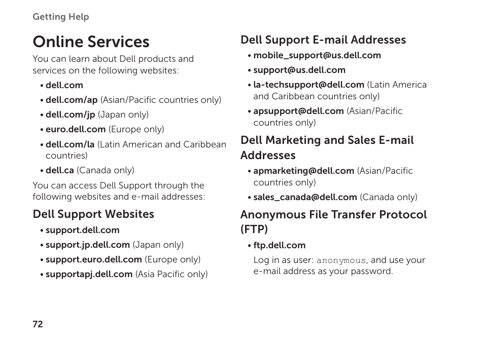 Online services, 72 f, Dell support websites | Dell support e-mail addresses, Dell marketing and sales e-mail addresses, Anonymous file transfer protocol (ftp) | Dell XPS 15Z (L511Z, Mid 2011) User Manual | Page 74 / 94