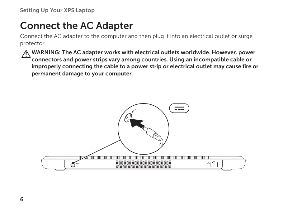 Connect the ac adapter | Dell XPS 15Z (L511Z, Mid 2011) User Manual | Page 8 / 94