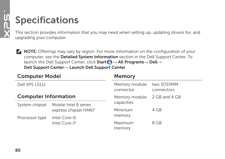 Specifications | Dell XPS 15Z (L511Z, Mid 2011) User Manual | Page 82 / 94