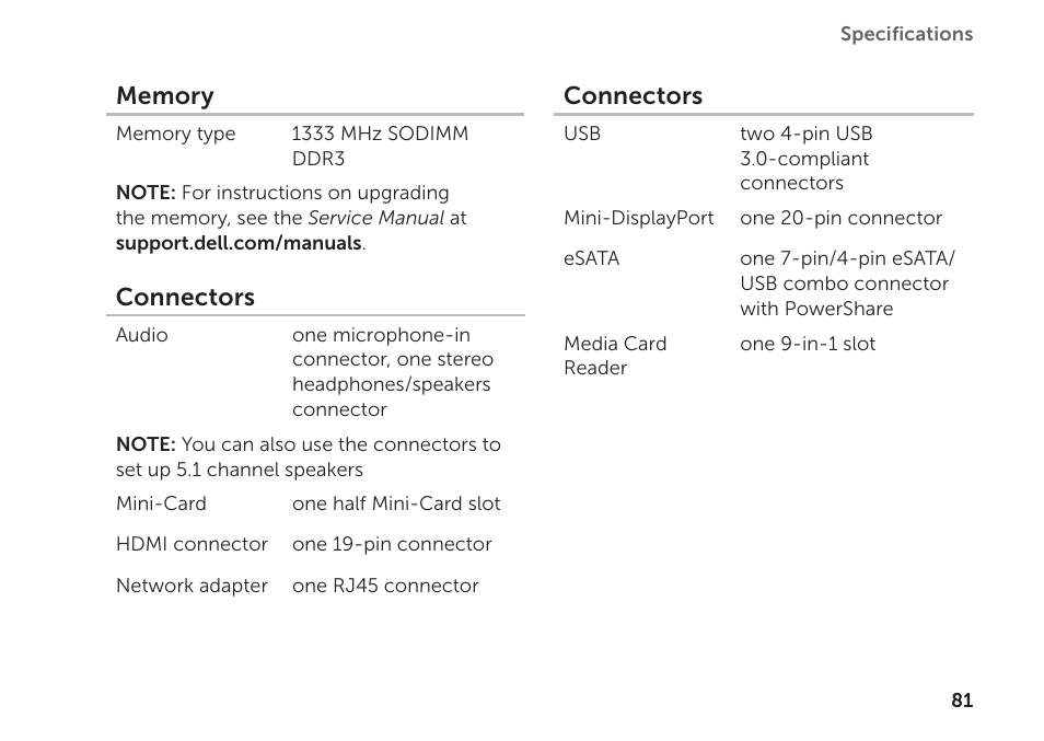 Connectors | Dell XPS 15Z (L511Z, Mid 2011) User Manual | Page 83 / 94