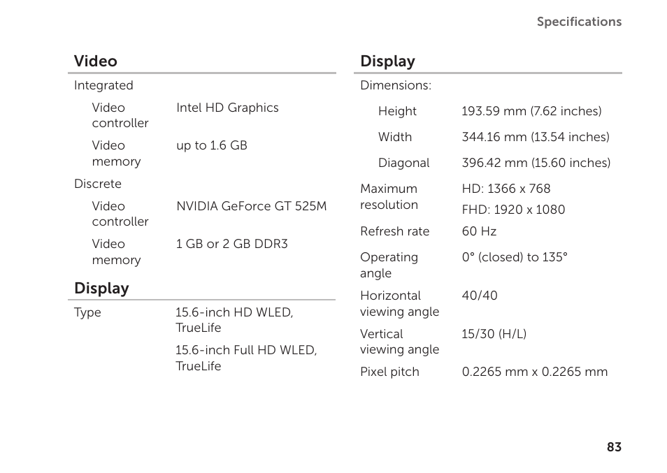 Video, Display | Dell XPS 15Z (L511Z, Mid 2011) User Manual | Page 85 / 94