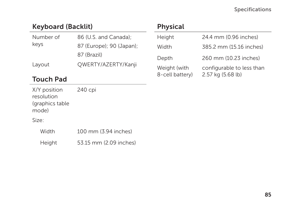 Keyboard (backlit), Touch pad, Physical | Dell XPS 15Z (L511Z, Mid 2011) User Manual | Page 87 / 94