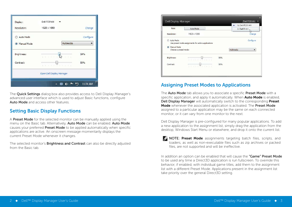 Setting basic display functions, Assigning preset modes to applications | Dell P2314H Monitor User Manual | Page 2 / 3