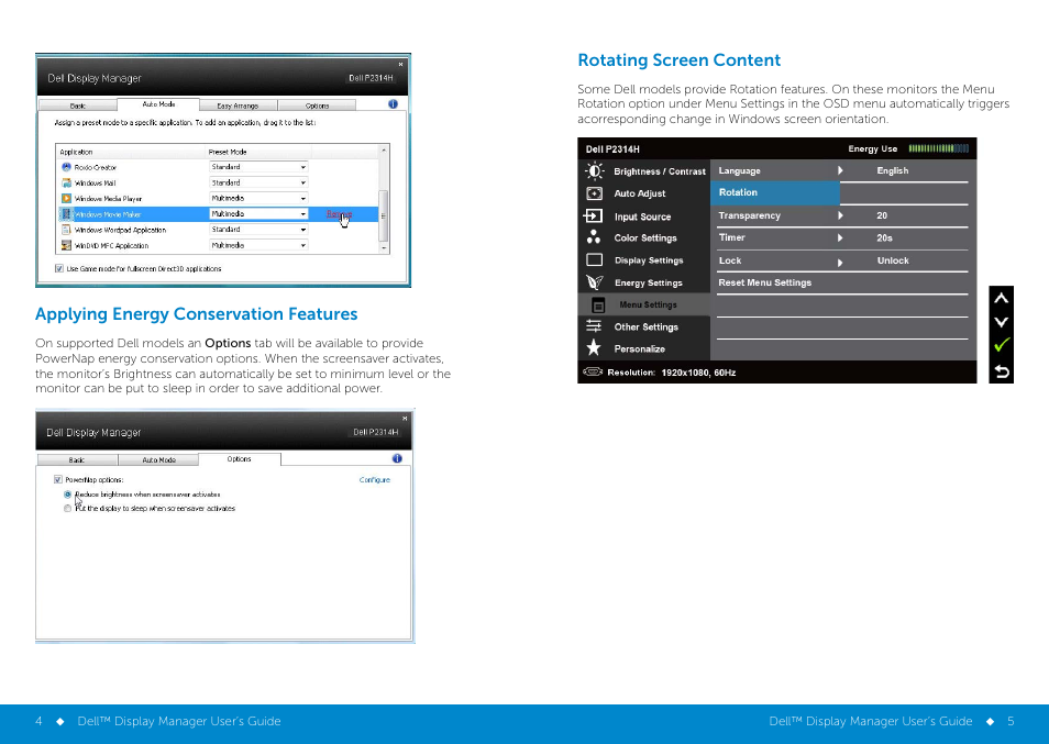 Rotating screen content, Applying energy conservation features | Dell P2314H Monitor User Manual | Page 3 / 3