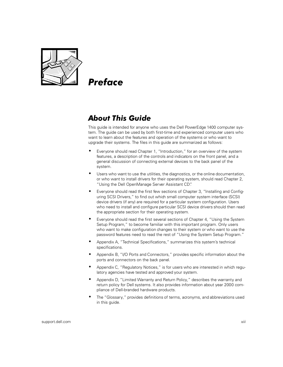 Preface, About this guide | Dell PowerEdge 1400SC User Manual | Page 11 / 116