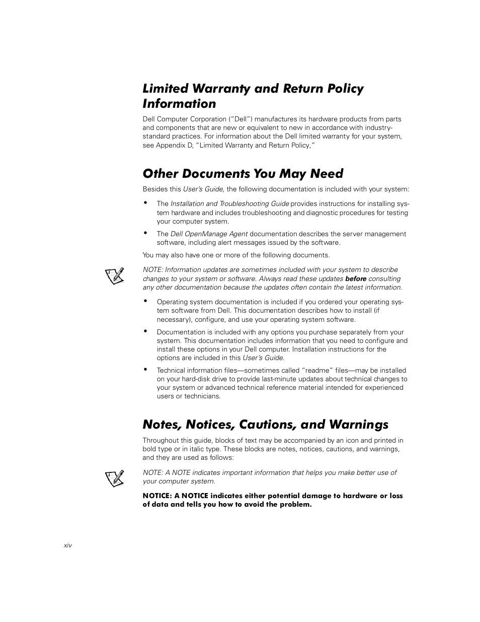 Limited warranty and return policy information, Other documents you may need, Notes, notices, cautions, and warnings | Dell PowerEdge 1400SC User Manual | Page 12 / 116