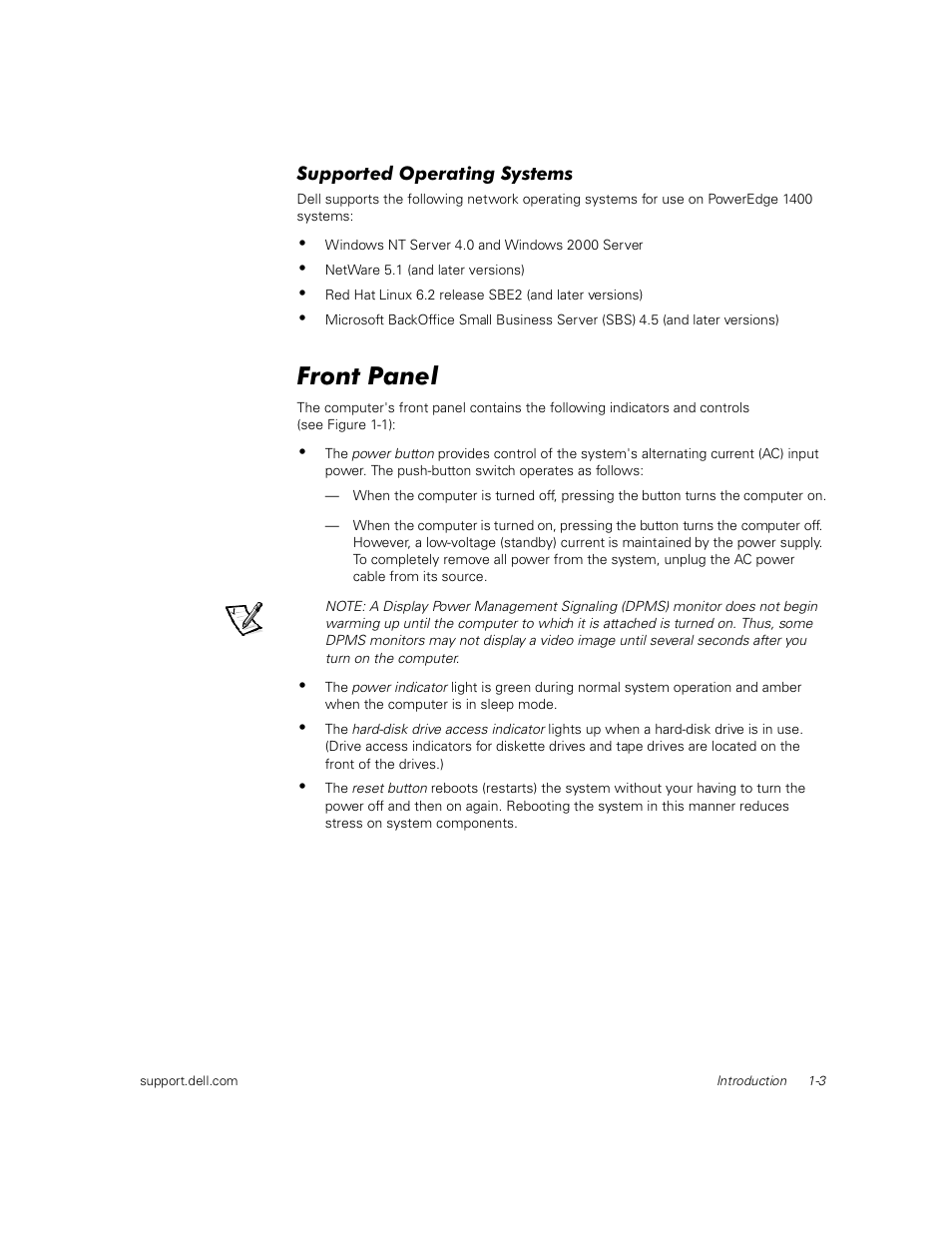 Supported operating systems, Front panel | Dell PowerEdge 1400SC User Manual | Page 23 / 116