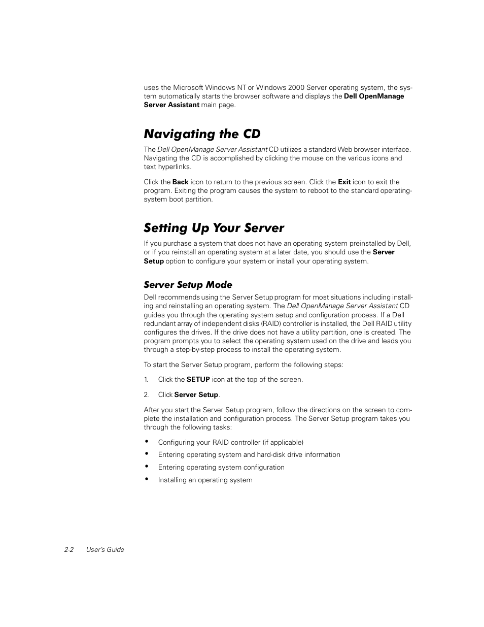 Navigating the cd, Setting up your server, Server setup mode | Dell PowerEdge 1400SC User Manual | Page 30 / 116