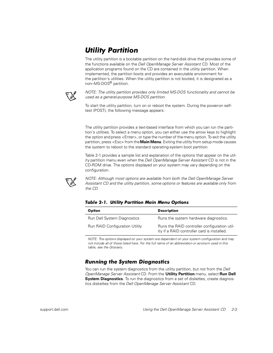 Utility partition, Running the system diagnostics | Dell PowerEdge 1400SC User Manual | Page 31 / 116