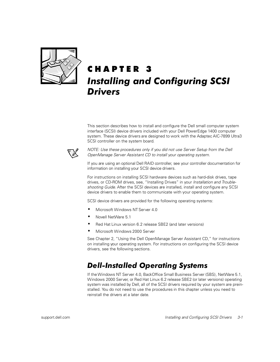 Installing and configuring scsi drivers, Dell-installed operating systems | Dell PowerEdge 1400SC User Manual | Page 35 / 116