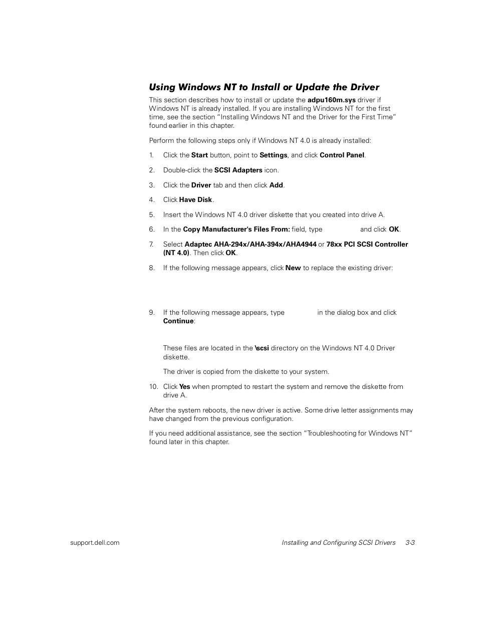 Using windows nt to install or update the driver | Dell PowerEdge 1400SC User Manual | Page 37 / 116