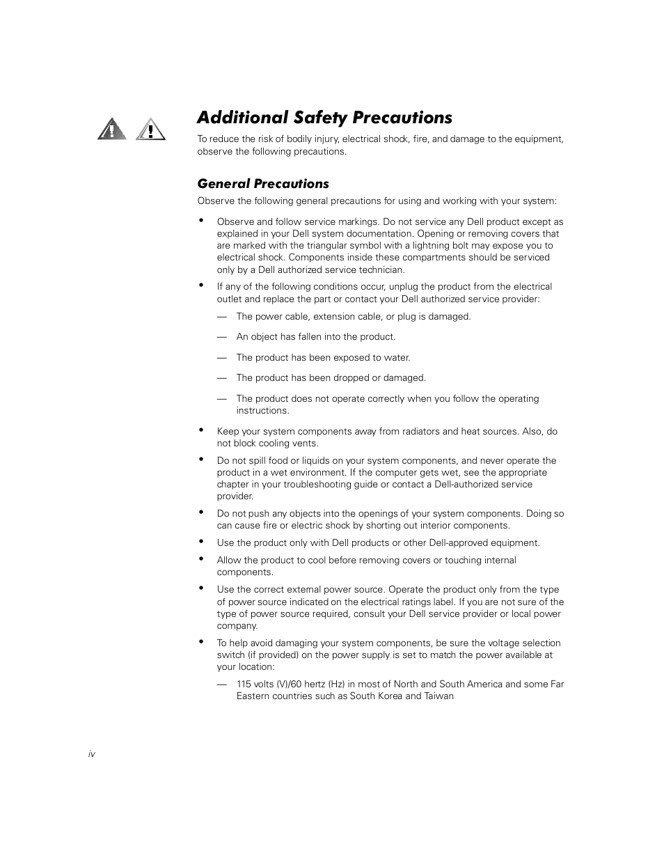 Additional safety precautions, General precautions | Dell PowerEdge 1400SC User Manual | Page 4 / 116