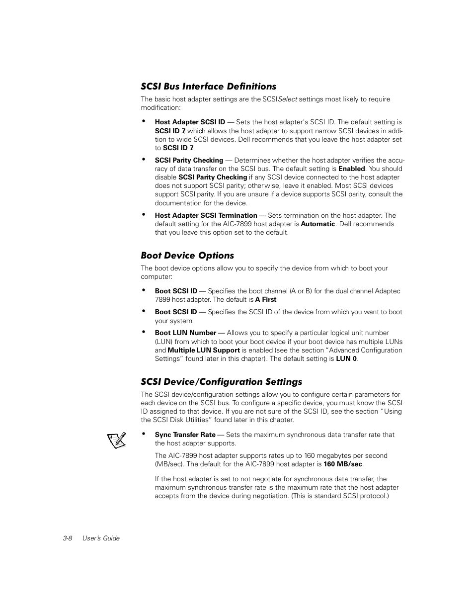 Scsi bus interface definitions, Boot device options, Scsi device/configuration settings | Dell PowerEdge 1400SC User Manual | Page 42 / 116