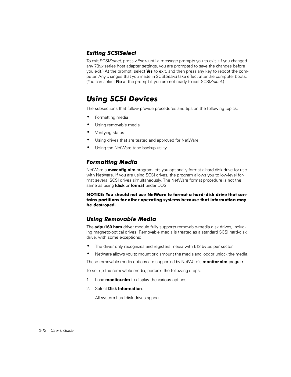 Exiting scsiselect, Using scsi devices, Formatting media | Using removable media | Dell PowerEdge 1400SC User Manual | Page 46 / 116