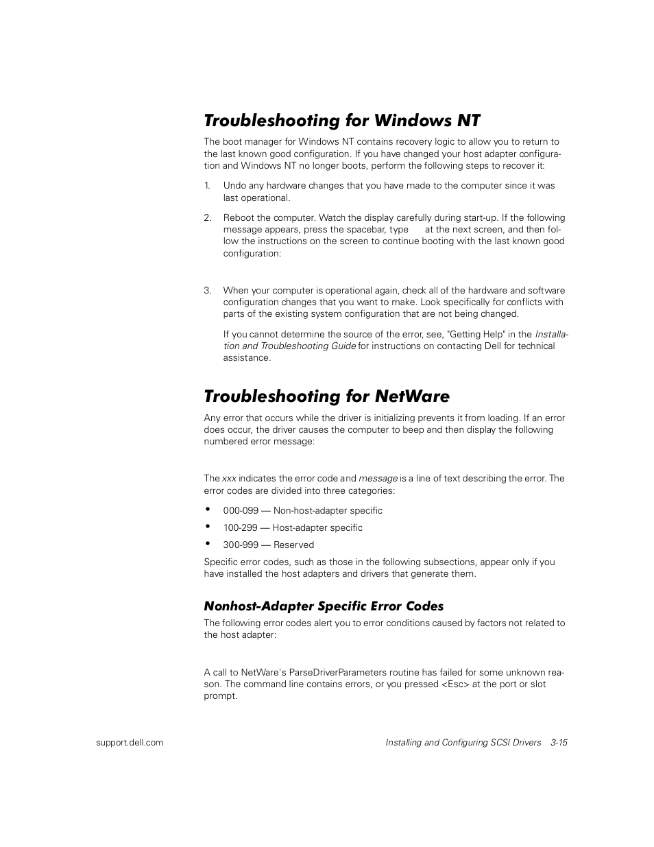 Troubleshooting for windows nt, Troubleshooting for netware, Nonhost-adapter specific error codes | Dell PowerEdge 1400SC User Manual | Page 49 / 116