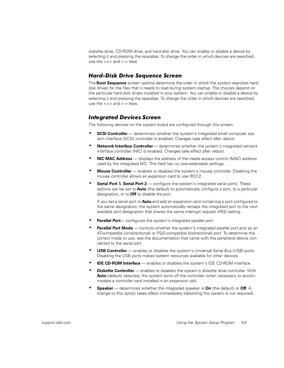 Hard-disk drive sequence screen, Integrated devices screen | Dell PowerEdge 1400SC User Manual | Page 55 / 116