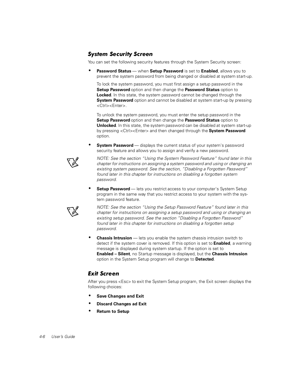 System security screen, Exit screen | Dell PowerEdge 1400SC User Manual | Page 56 / 116