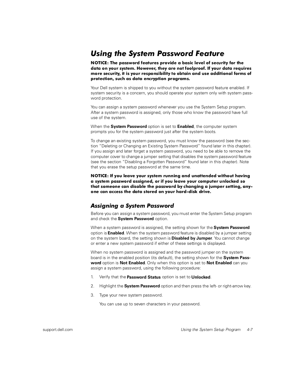 Using the system password feature, Assigning a system password | Dell PowerEdge 1400SC User Manual | Page 57 / 116