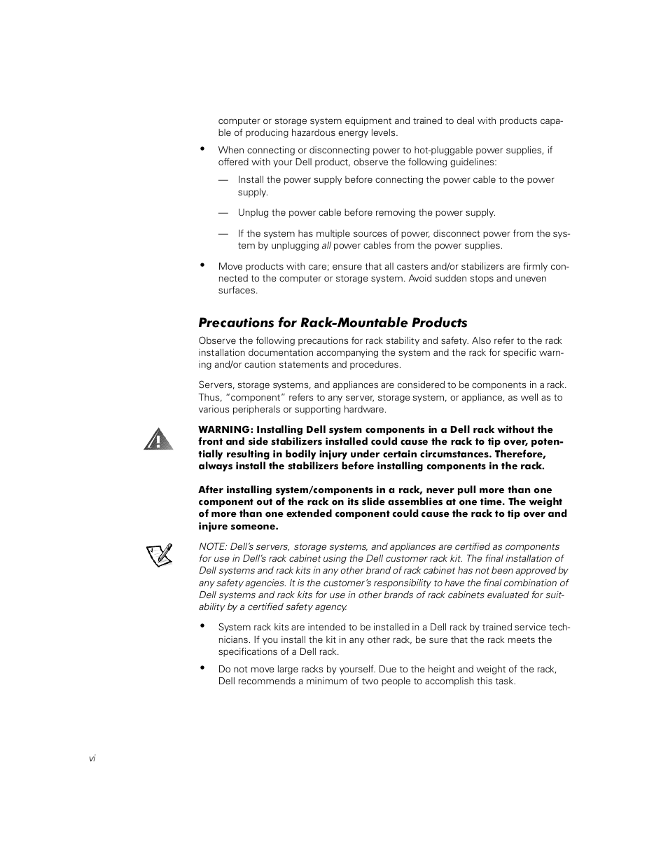 Precautions for rack-mountable products | Dell PowerEdge 1400SC User Manual | Page 6 / 116