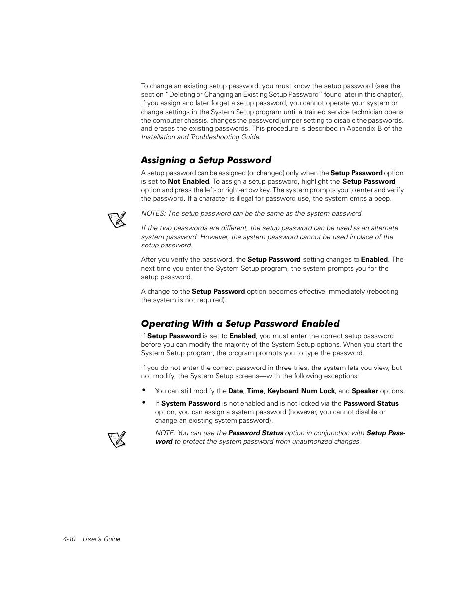 Assigning a setup password, Operating with a setup password enabled | Dell PowerEdge 1400SC User Manual | Page 60 / 116