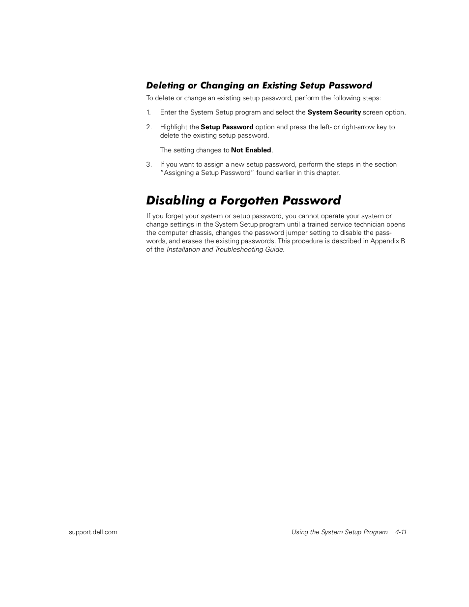 Deleting or changing an existing setup password, Disabling a forgotten password | Dell PowerEdge 1400SC User Manual | Page 61 / 116