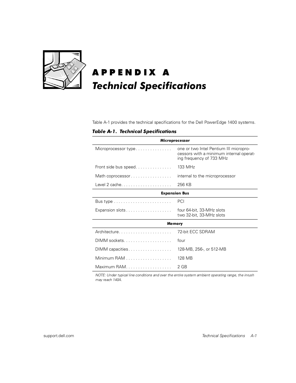 Technical specifications | Dell PowerEdge 1400SC User Manual | Page 63 / 116