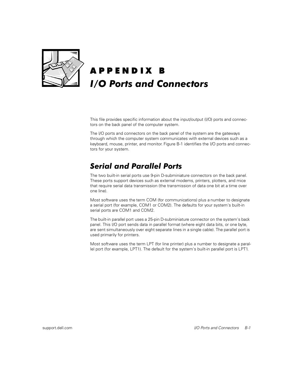 I/o ports and connectors, Serial and parallel ports | Dell PowerEdge 1400SC User Manual | Page 67 / 116