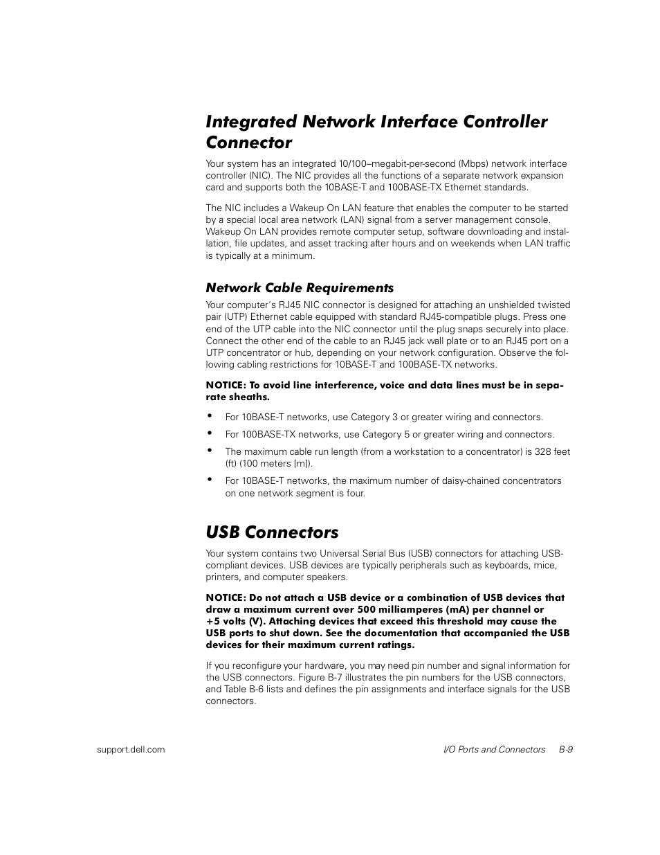 Integrated network interface controller connector, Network cable requirements, Usb connectors | Dell PowerEdge 1400SC User Manual | Page 75 / 116