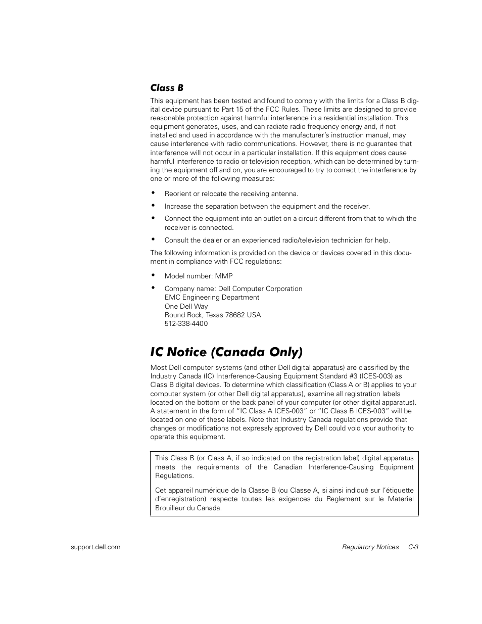 Class b, Ic notice (canada only) | Dell PowerEdge 1400SC User Manual | Page 79 / 116