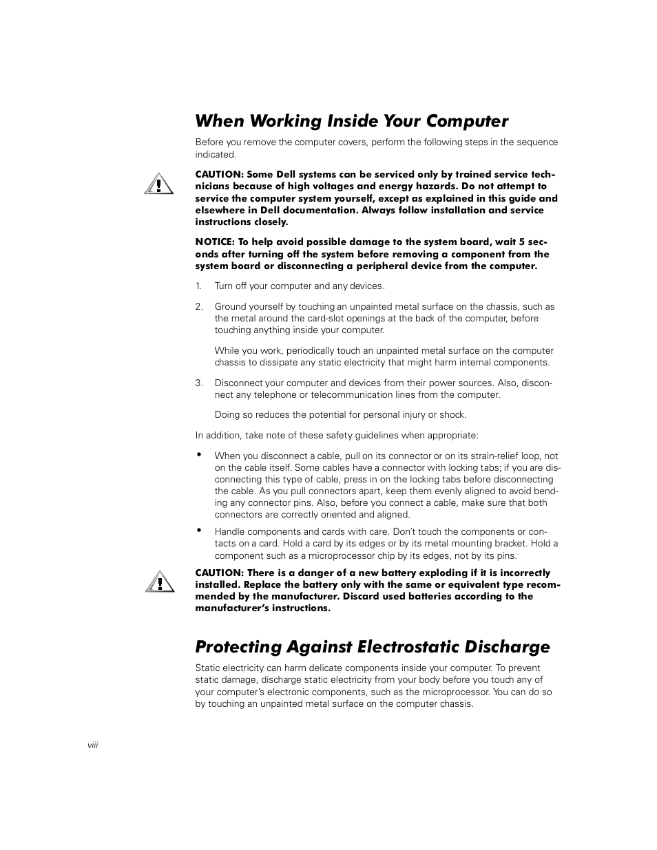 When working inside your computer, Protecting against electrostatic discharge | Dell PowerEdge 1400SC User Manual | Page 8 / 116