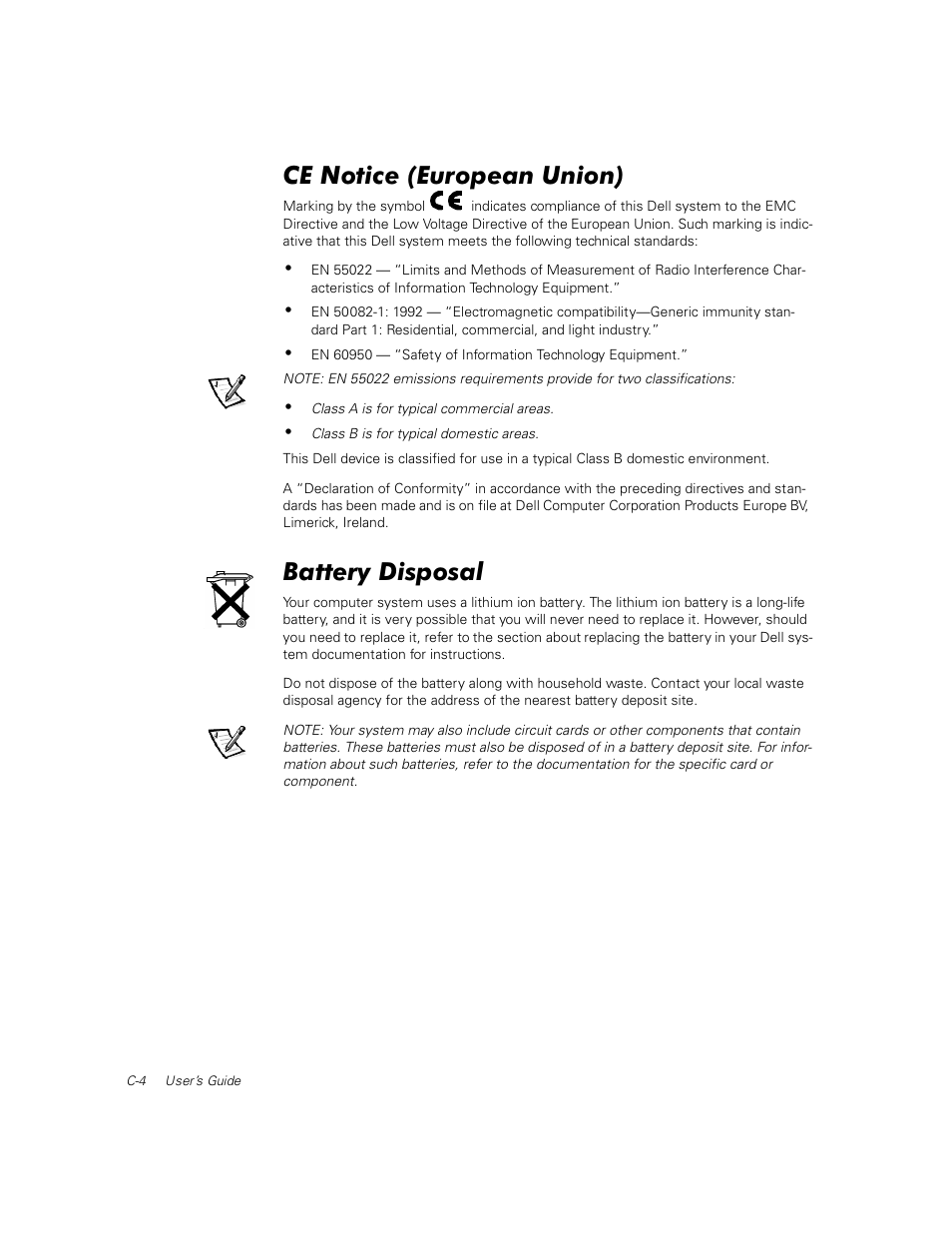 Ce notice (european union), Battery disposal | Dell PowerEdge 1400SC User Manual | Page 80 / 116