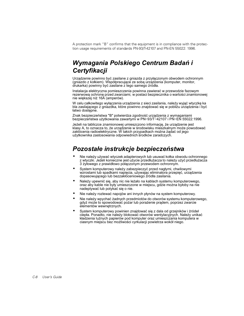 Wymagania polskiego centrum badaò i certyfikacji, Pozosta³e instrukcje bezpieczeòstwa | Dell PowerEdge 1400SC User Manual | Page 84 / 116