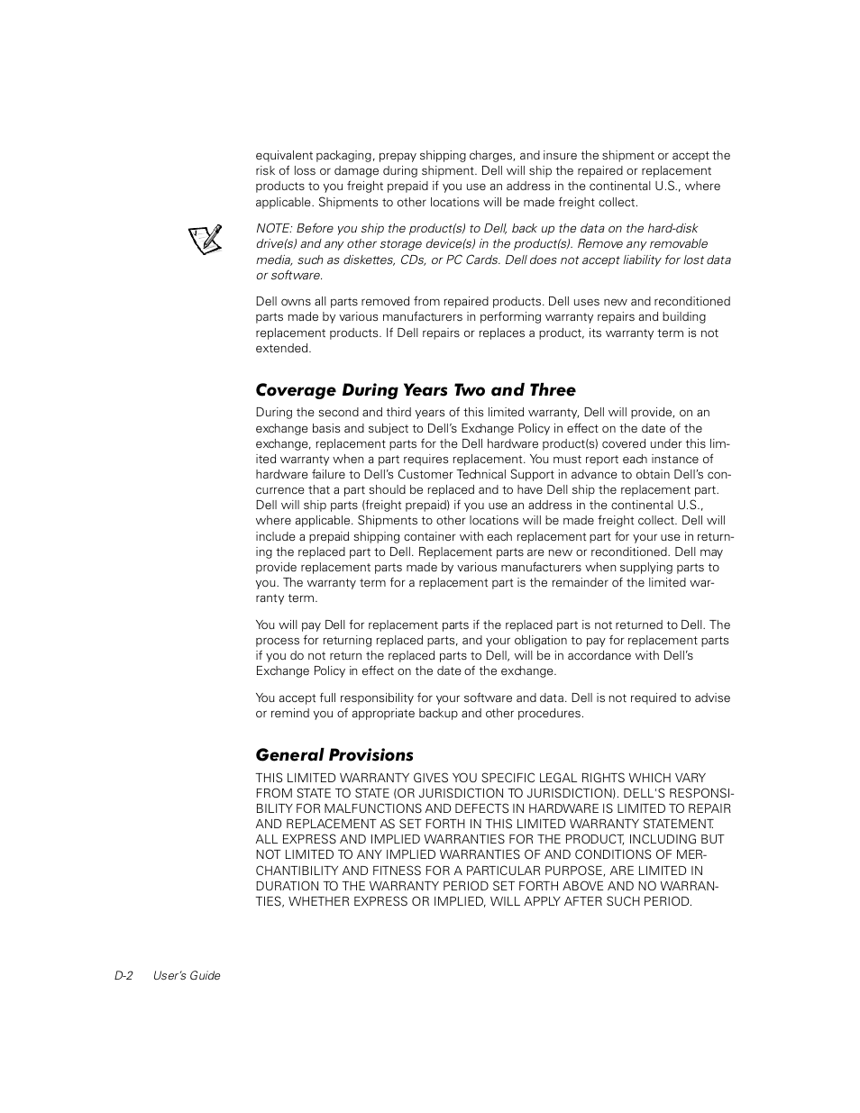 Coverage during years two and three, General provisions | Dell PowerEdge 1400SC User Manual | Page 88 / 116