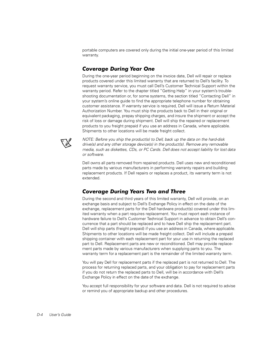 Coverage during year one, Coverage during years two and three | Dell PowerEdge 1400SC User Manual | Page 90 / 116