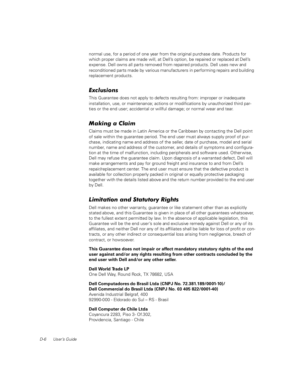 Exclusions, Making a claim, Limitation and statutory rights | Dell PowerEdge 1400SC User Manual | Page 92 / 116