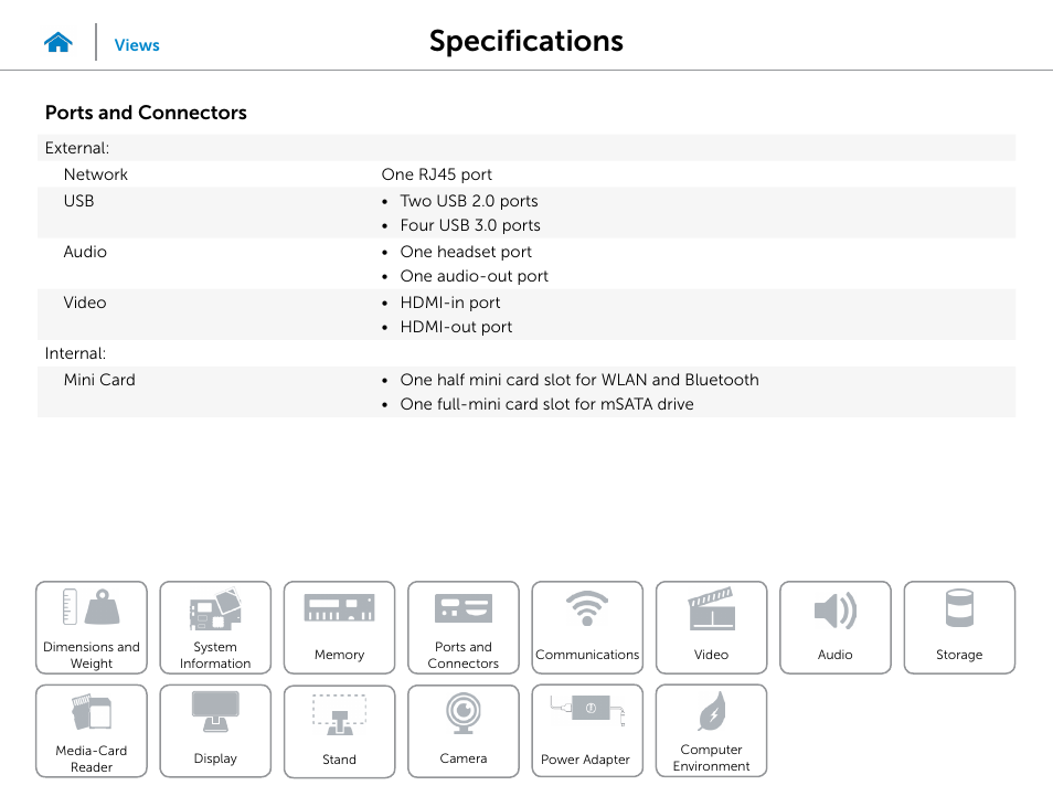 Ports and, Connectors, Specifications | Ports and connectors | Dell Inspiron 23 (2350, Mid 2013) User Manual | Page 10 / 20