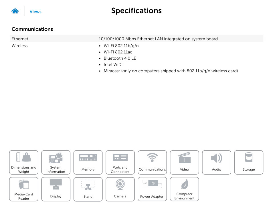 Communications, Specifications | Dell Inspiron 23 (2350, Mid 2013) User Manual | Page 11 / 20