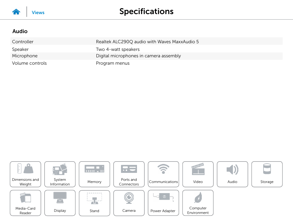 Audio, Specifications | Dell Inspiron 23 (2350, Mid 2013) User Manual | Page 13 / 20